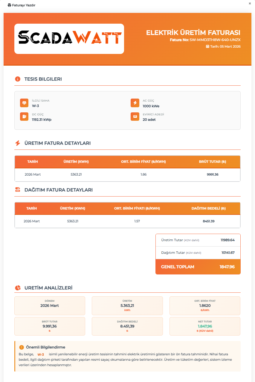 PTF bazlı elektrik üretim faturası özet raporu